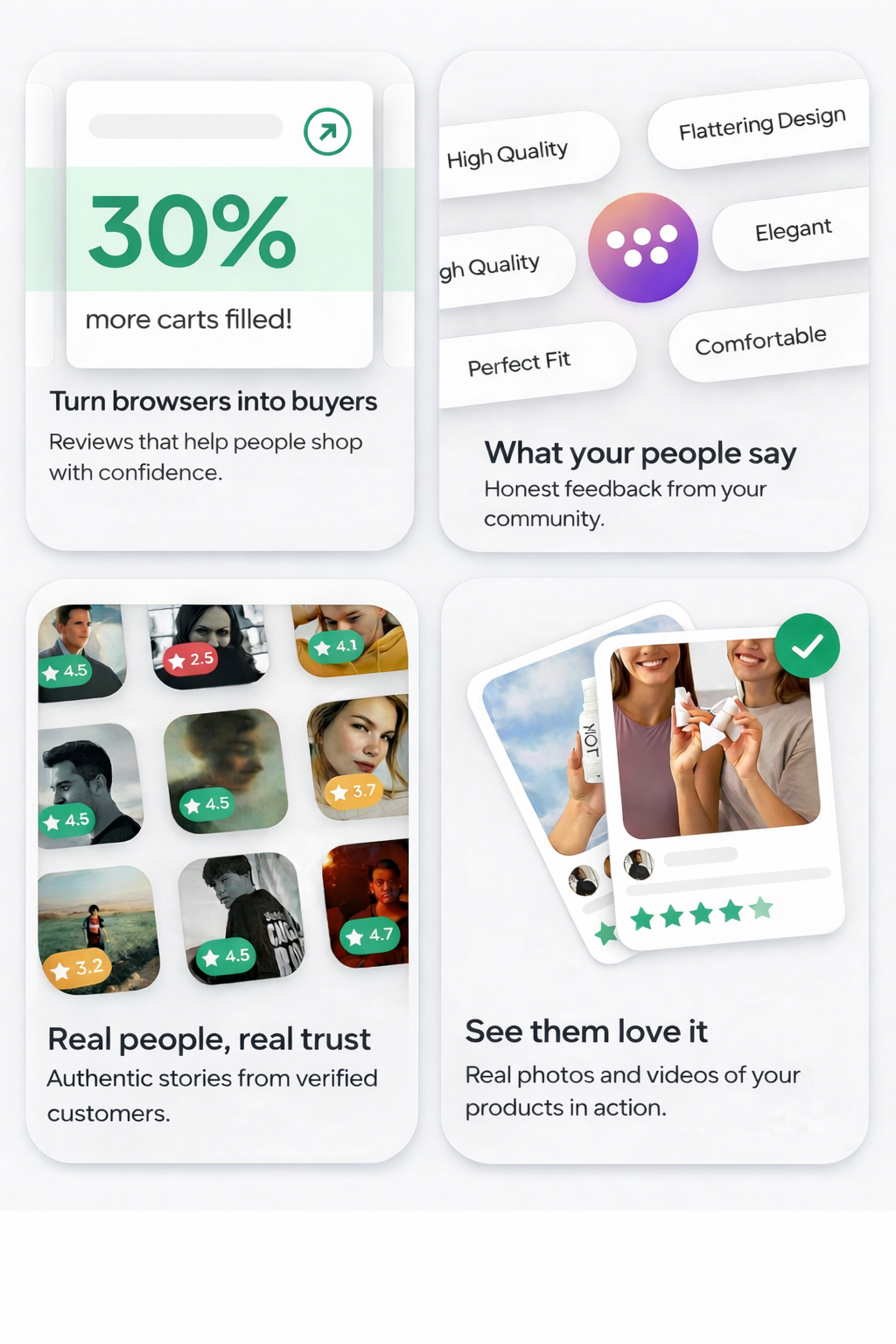 WordofMouth ecommerce trust widgets showing 30%
more conversions, AI review summaries, verified customer
photo reviews and UGC for Shopify D2C brands